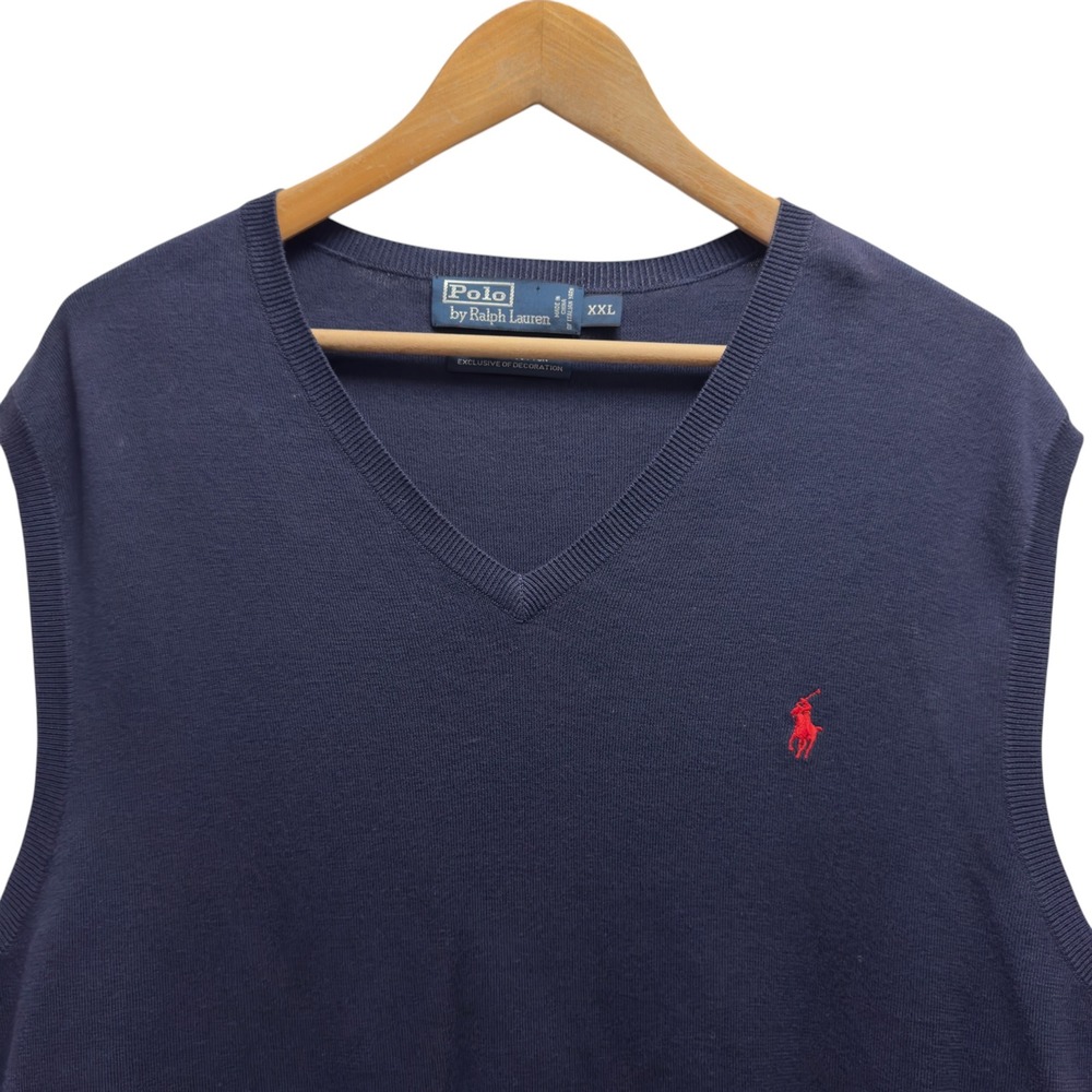 Polo Ralph Lauren Mens Sz XXL Navy Blue V-Neck Pony Sweater Vest Pima Cotton euc